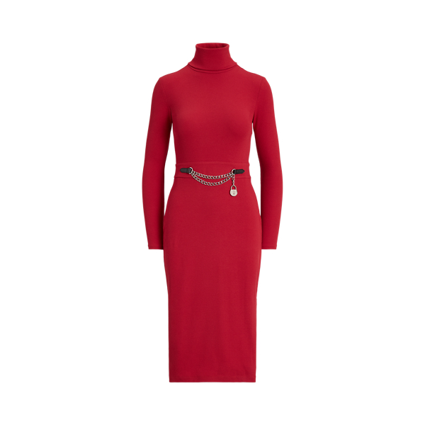 Chain-Trim Rib-Knit Rollneck Dress