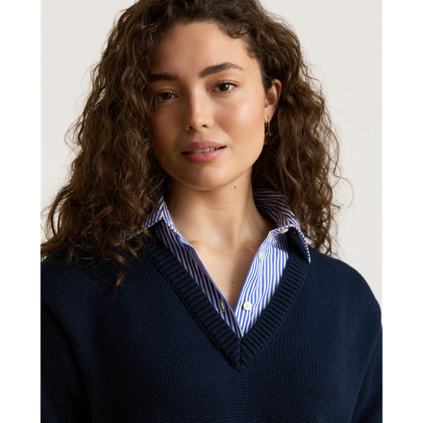 Lauren Navy Multi Layered Button-Trim Cotton Sweater Lauren 6