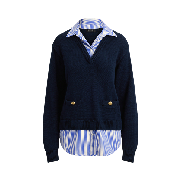Lauren Navy Multi Layered Button-Trim Cotton Sweater Lauren 2