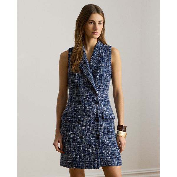 Navy Blue Multi Double-Breasted Boucl&eacute; Sleeveless Dress Lauren 4