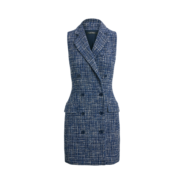 Navy Blue Multi Double-Breasted Boucl&eacute; Sleeveless Dress Lauren 2