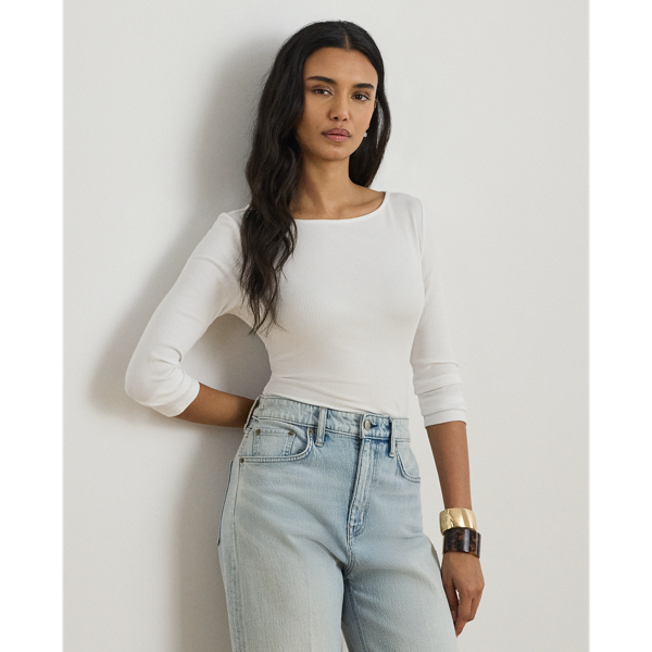 White Rib-Knit Cotton-Blend Boatneck Tee Lauren 1