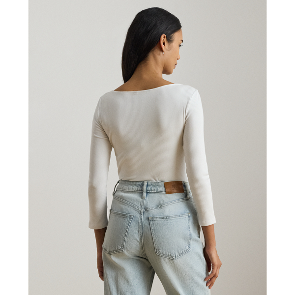 White Rib-Knit Cotton-Blend Boatneck Tee Lauren 5