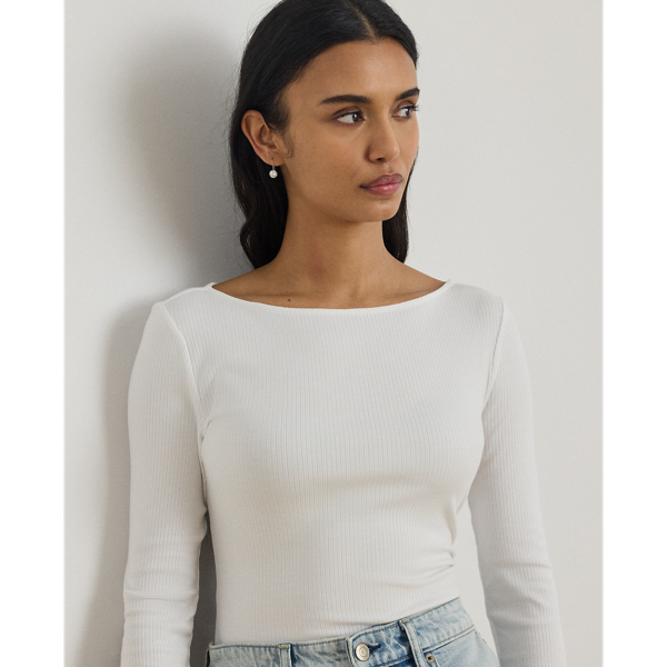 White Rib-Knit Cotton-Blend Boatneck Tee Lauren 6