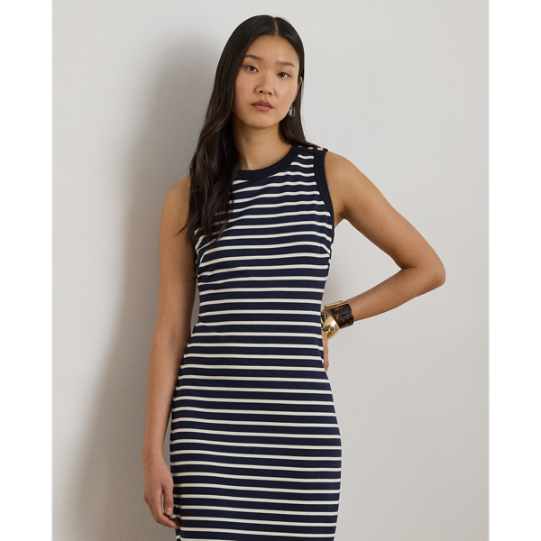 Refined Navy/Cream Striped Snap-Trim Ponte Sheath Dress Lauren 4