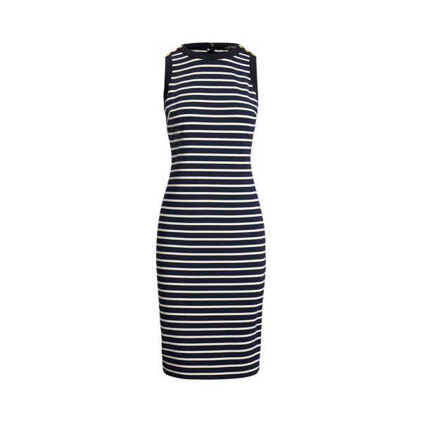 Refined Navy/Cream Striped Snap-Trim Ponte Sheath Dress Lauren 2