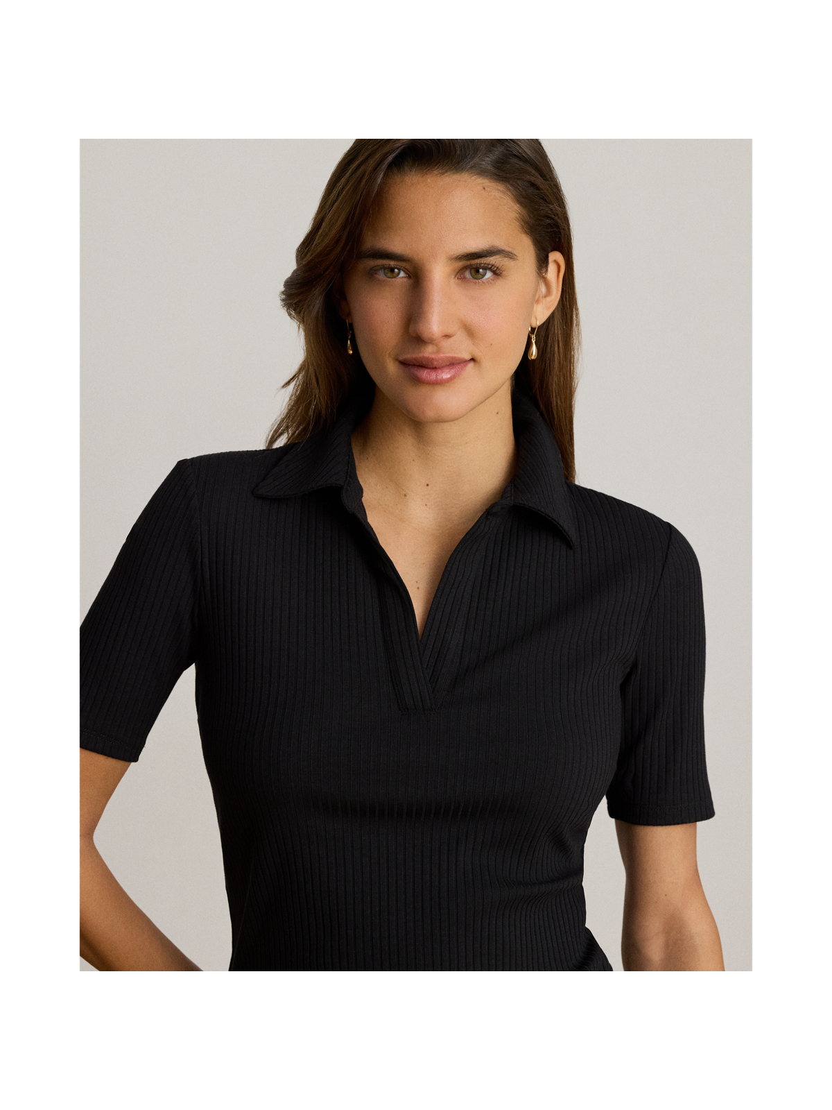 Ralph Lauren Rib-Knit Elbow-Sleeve Polo Tee — фото 3