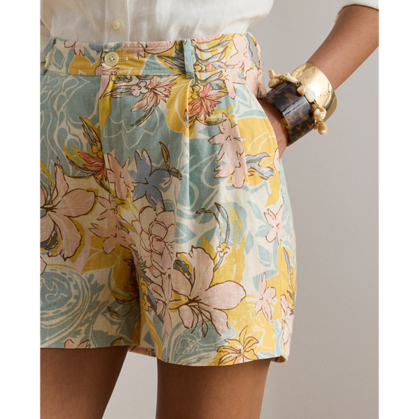 Short fleuri &agrave; pinces en lin Lauren en Cr&egrave;me/Bleu multi 6