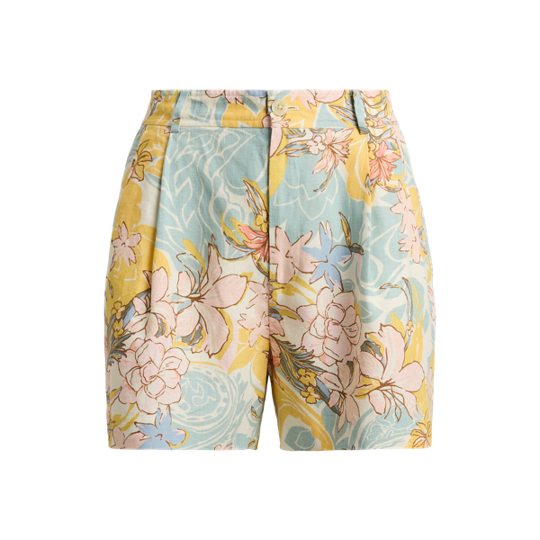Short fleuri &agrave; pinces en lin Lauren en Cr&egrave;me/Bleu multi 2