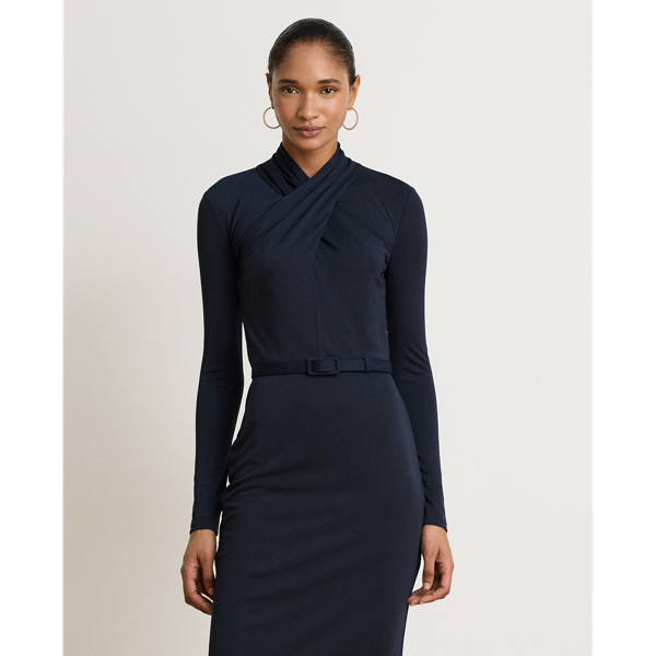 Lauren Navy Belted Mockneck Jersey Dress Lauren 4