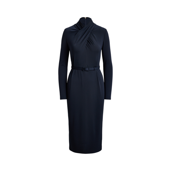 Lauren Navy Belted Mockneck Jersey Dress Lauren 2