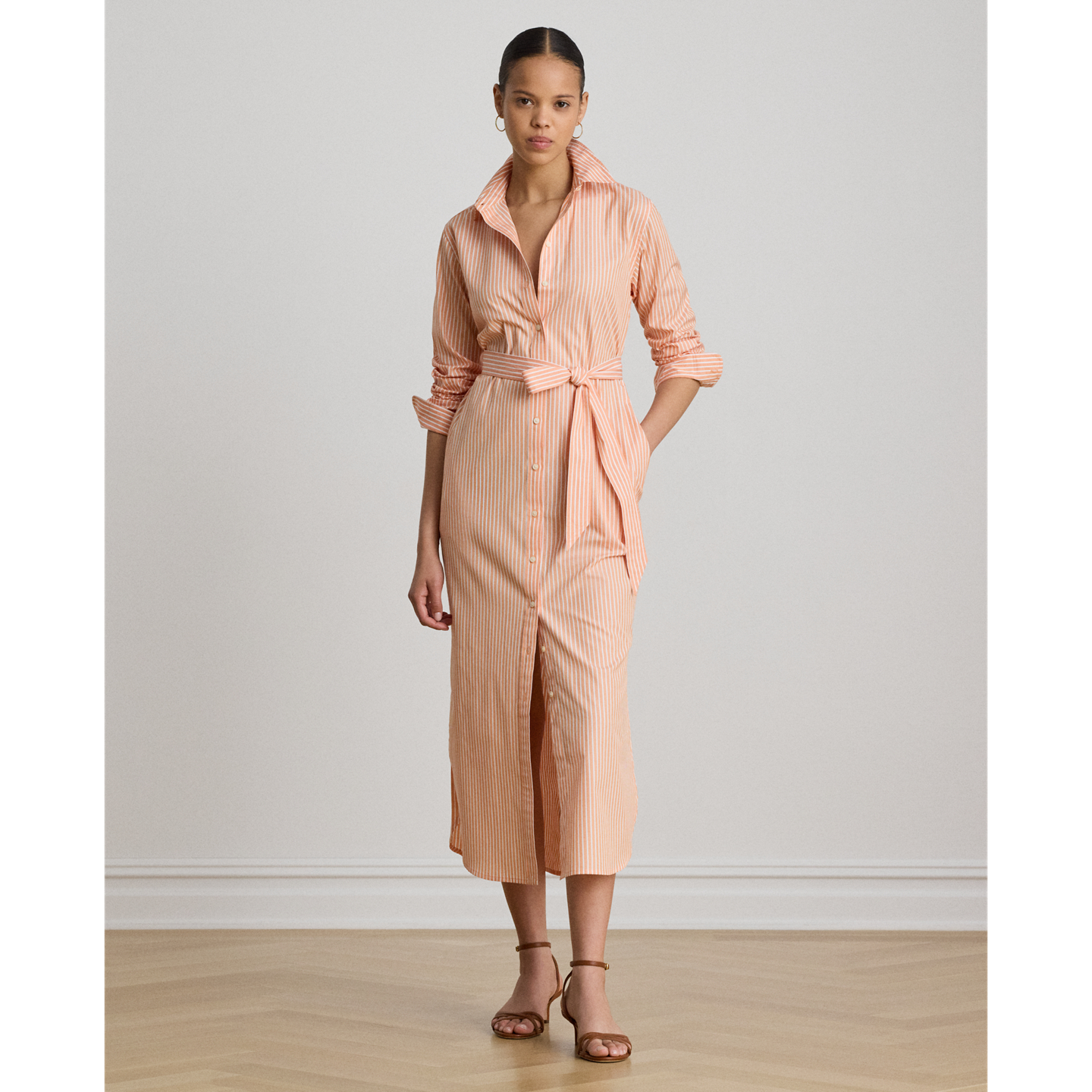 Женское платье Lauren Ralph Lauren Striped End-on-End Cotton Shirtdress, цвет: Оранжевый / Белый — фото 4