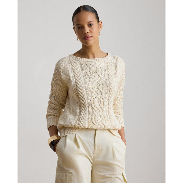Mascarpone Cream Cable-Knit Cotton Boatneck Sweater Lauren 1