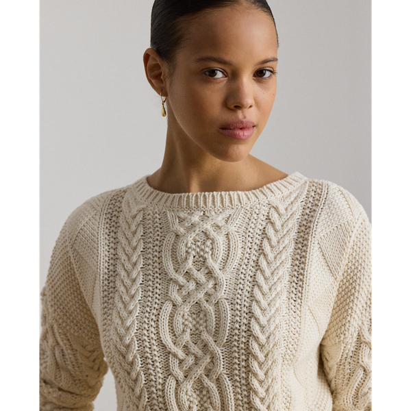 Mascarpone Cream Cable-Knit Cotton Boatneck Sweater Lauren 6