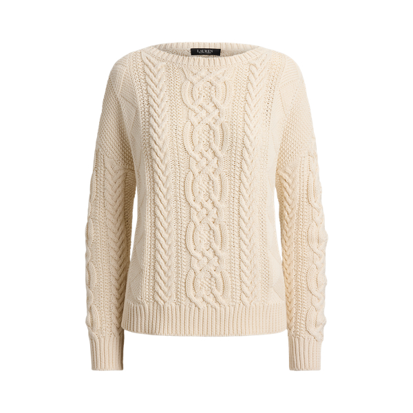 Mascarpone Cream Cable-Knit Cotton Boatneck Sweater Lauren 2