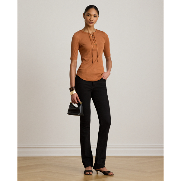 Red Terracotta Lace-Up Ribbed Elbow-Sleeved Tee Lauren 4