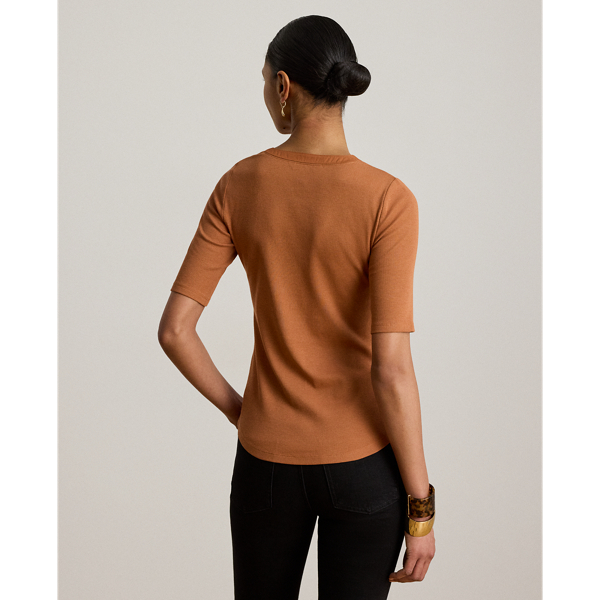 Red Terracotta Lace-Up Ribbed Elbow-Sleeved Tee Lauren 5