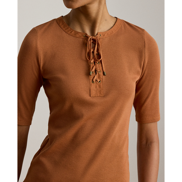 Red Terracotta Lace-Up Ribbed Elbow-Sleeved Tee Lauren 6