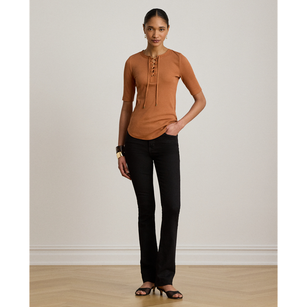 Red Terracotta Lace-Up Ribbed Elbow-Sleeved Tee Lauren 7