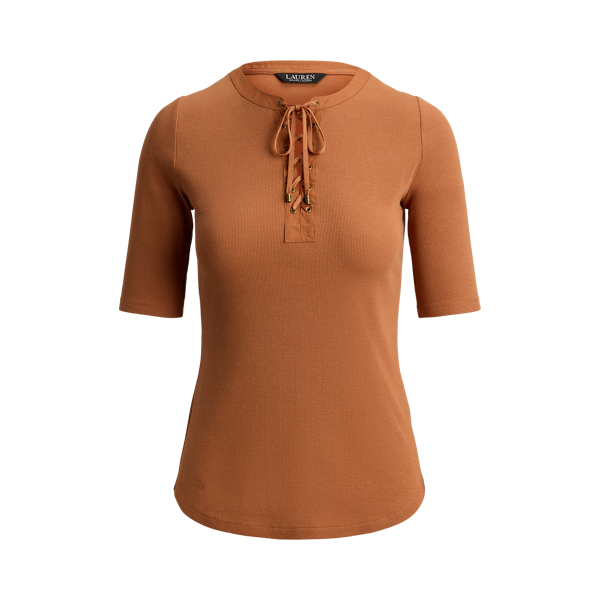 Red Terracotta Lace-Up Ribbed Elbow-Sleeved Tee Lauren 2