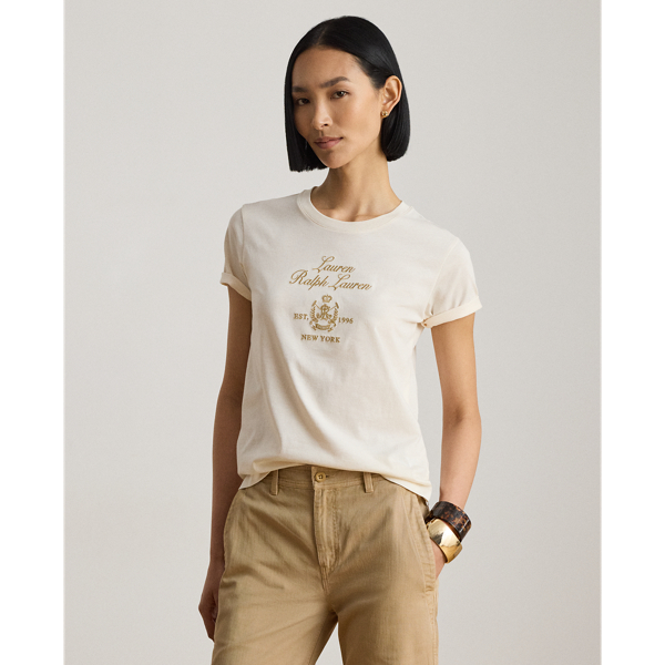 Mascarpone Cream Embroidered-Crest Cotton Jersey Tee Lauren 1
