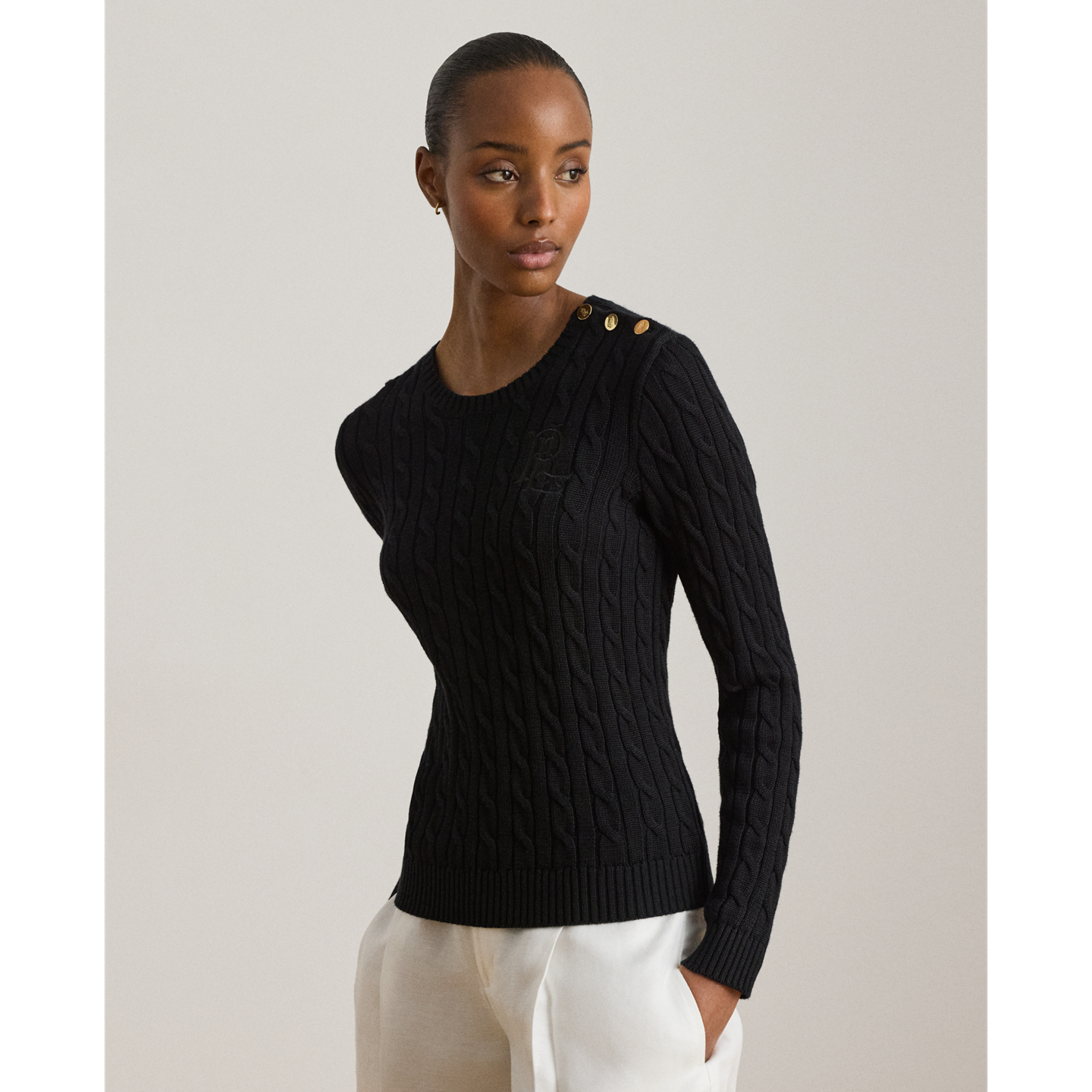 Женский свитер Ralph Lauren Button-Trim Cable-Knit, цвет: Чёрный — фото 4