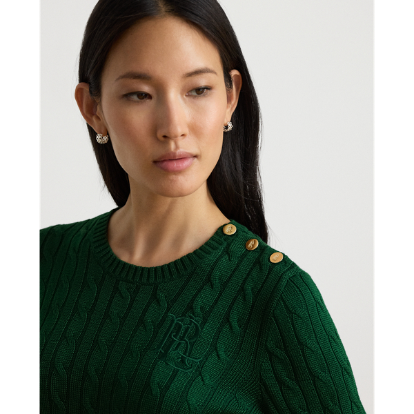 Button-Trim Cable-Knit Sweater