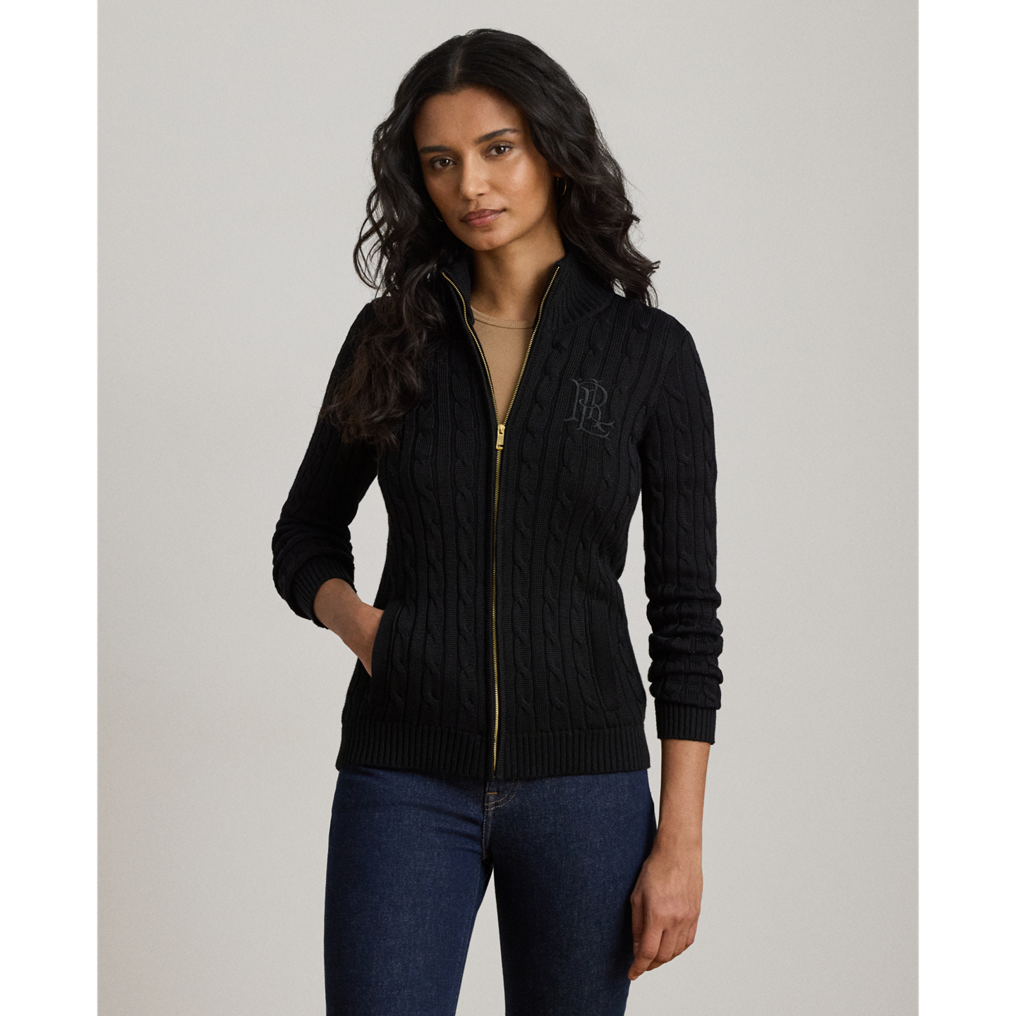 Женский свитер Ralph Lauren Cable-Knit Full-Zip Mockneck, цвет: Чёрный — фото 4