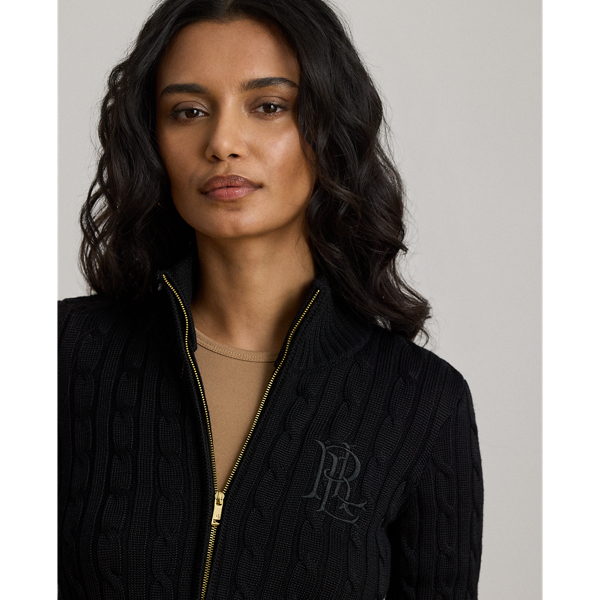 Black Cable-Knit Full-Zip Mockneck Sweater Lauren 6