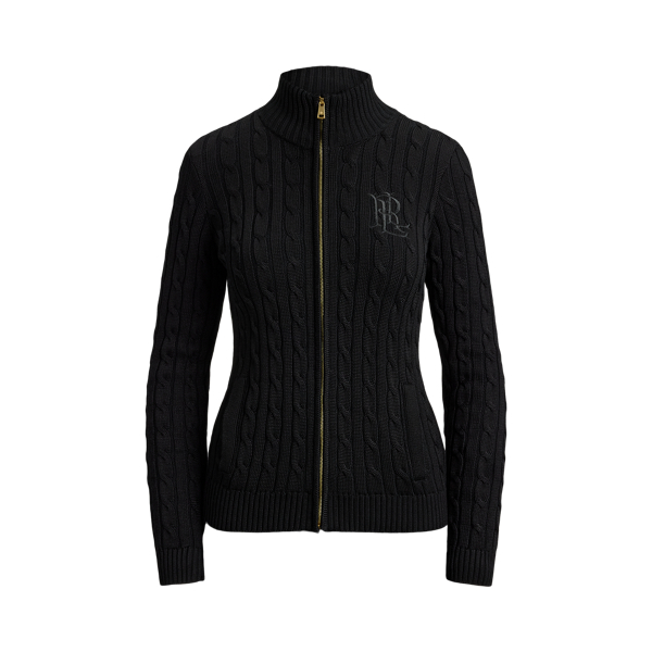 Black Cable-Knit Full-Zip Mockneck Sweater Lauren 2