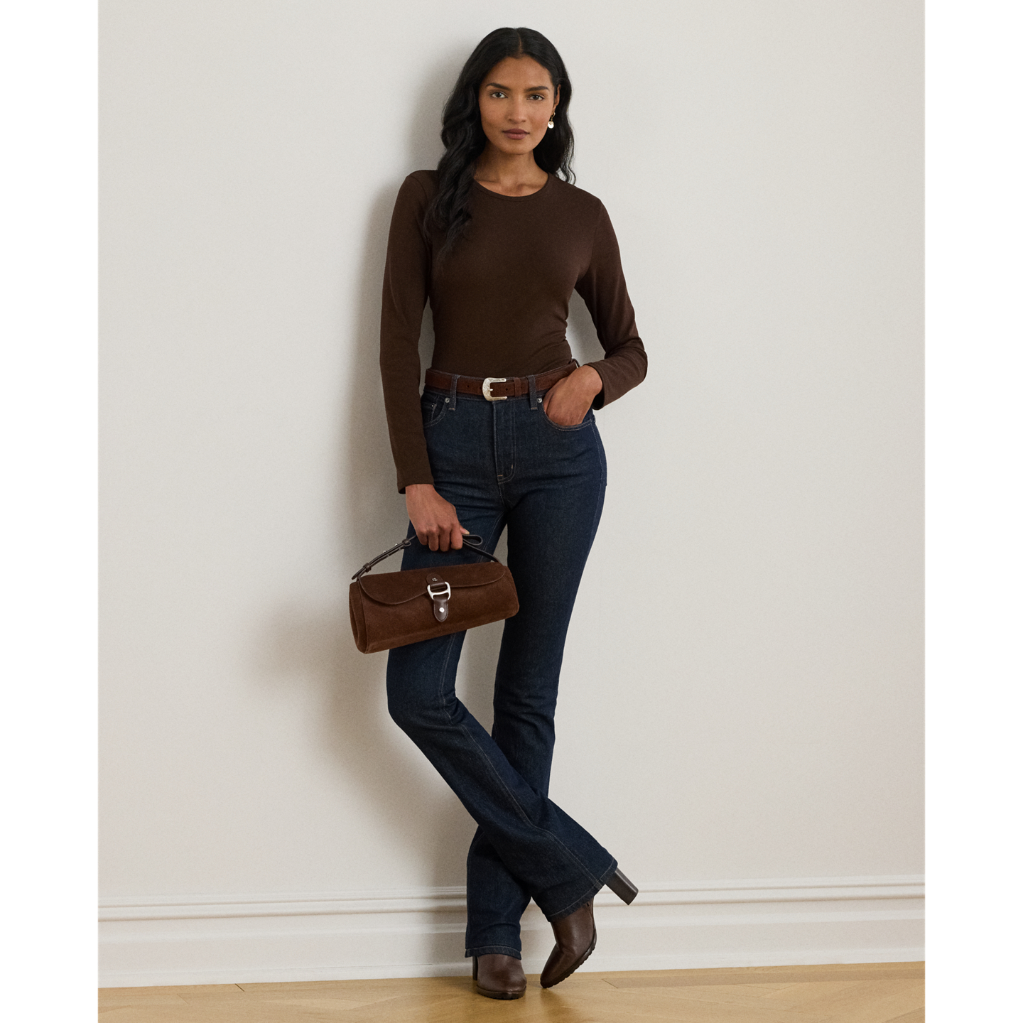 Женская футболка Ralph Lauren Stretch Cotton Long-Sleeve, цвет: Коричневый — фото 1
