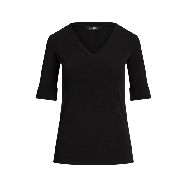 ラルフ・ローレン Lauren Ralph Lauren Petite ストレッチ Cotton Elbow-Sleeve V-Neck Tee レデ Lauren Ralph Lauren Stretch Cotton V-Neck Elbow Sleeve Tee