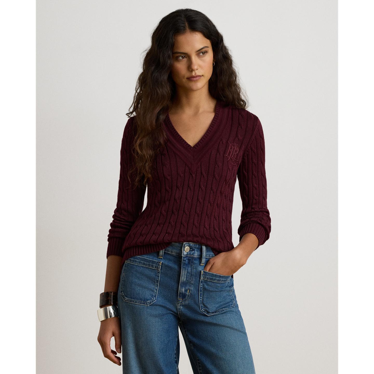 Женский свитер Ralph Lauren Cable-Knit Cricket, цвет: Тёмный гранатовый — фото 4