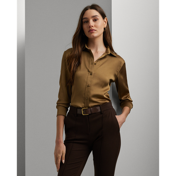 Honey Tan Classic Fit Satin Charmeuse Shirt Lauren Petite 1