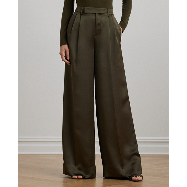 Pleated Satin Charmeuse Wide-Leg Pant