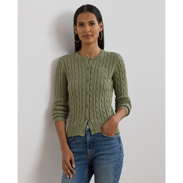 Sage Green Baumwollstrickjacke mit Zopfmuster Lauren Petite 1