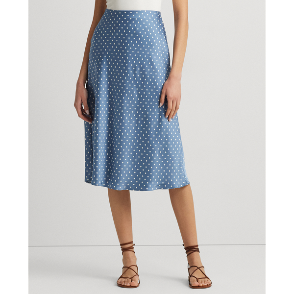 Blue/Cream Polka-Dot Satin Charmeuse Midi Skirt Lauren Petite 4
