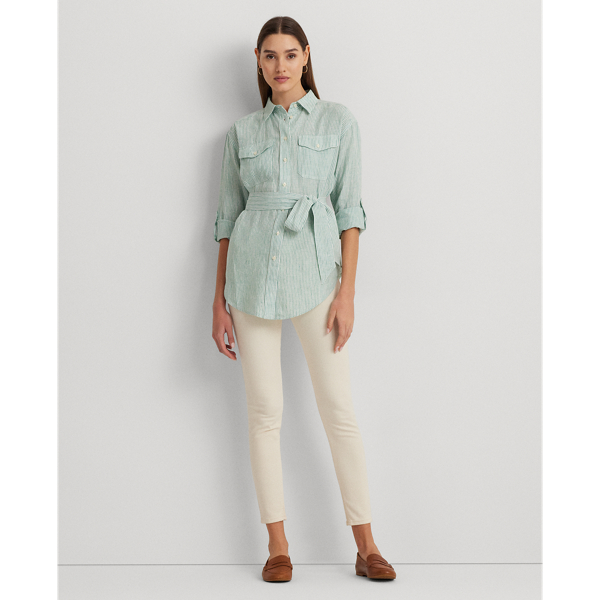 Soft Laurel/White Relaxed Fit Striped Belted Linen Shirt Lauren Petite 4