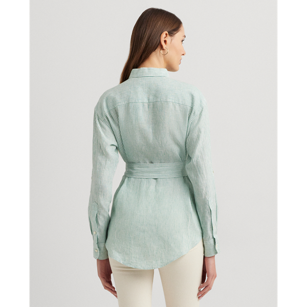 Soft Laurel/White Relaxed Fit Striped Belted Linen Shirt Lauren Petite 5