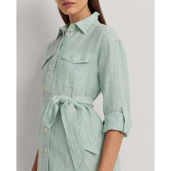 Soft Laurel/White Relaxed Fit Striped Belted Linen Shirt Lauren Petite 6