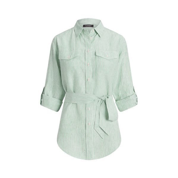 Soft Laurel/White Relaxed Fit Striped Belted Linen Shirt Lauren Petite 2
