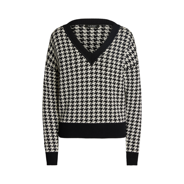 Black/Mascarpone Cream Houndstooth Jacquard V-Neck Sweater Lauren Petite 2