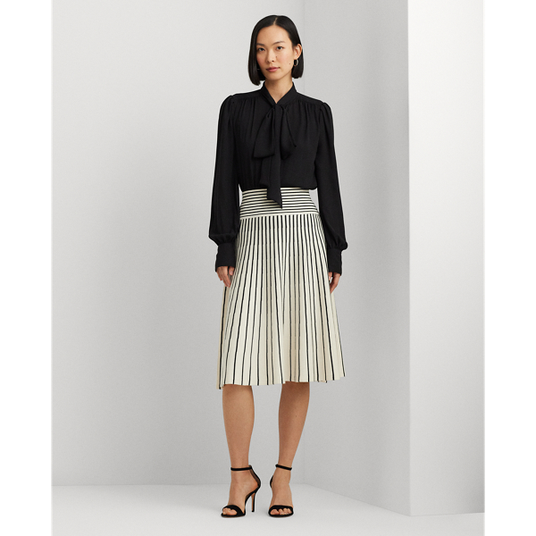 Mascarpone Cream/Black Striped Cotton-Blend Midi Skirt Lauren Petite 1