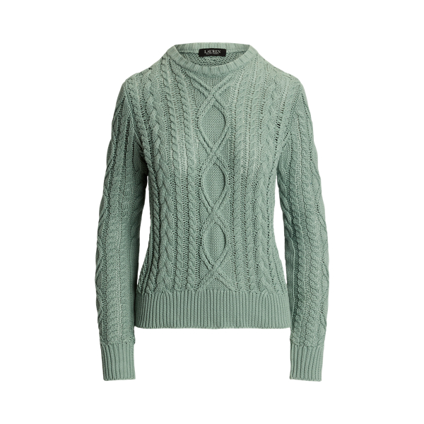Aran-Knit Cotton-Blend Crewneck Jumper Lauren Petite 1