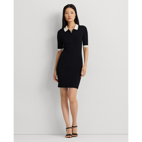 Black Two-Tone Rib-Knit Polo Sweater Dress Lauren Petite 1