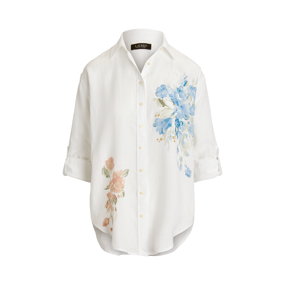 ラルフ・ローレン Lauren Ralph Lauren Plus-Size Oversize Floral Eyelet-Logo Linen Sh Ralph Lauren Oversize Floral Eyelet Logo Linen Shirt