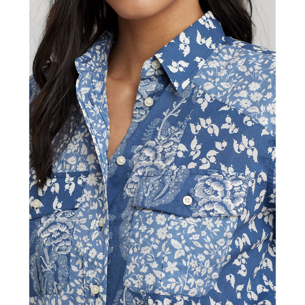 Blue/Cream Classic Fit Patchwork Floral Voile Shirt Lauren Petite 6