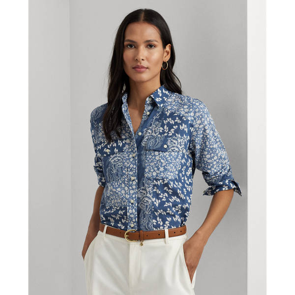 Blue/Cream Classic Fit Patchwork Floral Voile Shirt Lauren Petite 7