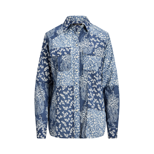 Blue/Cream Classic Fit Patchwork Floral Voile Shirt Lauren Petite 2