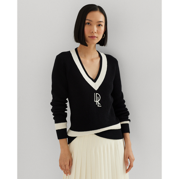 Black/Mascarpone Cream Rib-Knit Cotton Cricket Sweater Lauren Petite 1